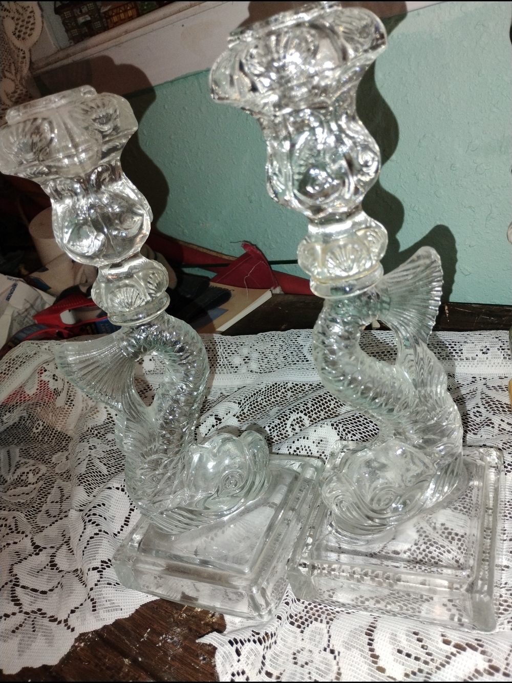 Clear Glass Dolphin Candlestick Holders - Pair